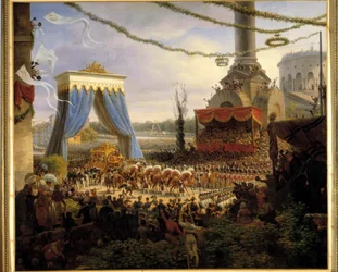Entrée de Charles X à Paris après le sacre du 6/06/1825. La voiture royale est accueillie à la barrière de la Villette par le corps municipal de Paris, ayant à sa tête le préfet du département de la Seine, le comte de Chabrol