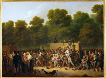 Distribution de vin et de comestibles aux Champs Elysees (painting on canvas)