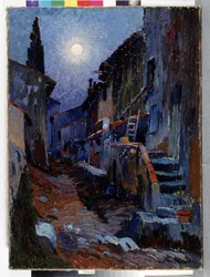 Auriol, ruelle au clair de lune Peinture de Louis Mathieu Verdilhan (1875-1928) Dim. 81x59 cm Mention obligatoire : Collection fondation regards de Provence, Marseille