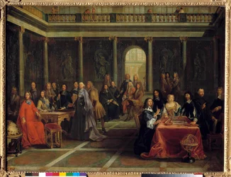 La reine Christine de Suède, entourée de sa cour, écoutant le philosophe René Descartes faire une démonstration de géométrie; en présence du Prince de Condé, Elisabeth de Bavière Princesse Palatine et Père Mersenne