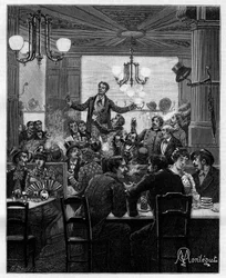 Au milieu, sur une table, Desroches mène le charivari. Scène dans un café parisien : les gens chantent, boivent, fument, discutent et flirtent autour des tables. Dans « Trente ans de Paris » collection autobiographique d