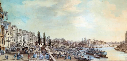 Vue du port Saint-Paul et du bureau des bateaux à eau en 1782. Peinture pastel par Louis de Lespinasse (1734-1808) 1782. Paris, Musée Carnavalet