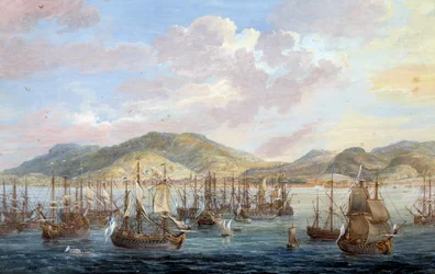 Vue de la ville du Cap-Français (Cap de la République), vue sur la mer à Saint-Domingue. Détail. Peinture de Louis Nicolas Van Blarenberghe (1716-1794) 1779 La Rochelle, Musée du Nouveau Monde