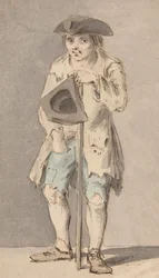 Mendiant avec bâton tenant un chapeau tricorne