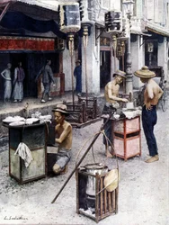 Restaurants mobiles dans le Chinatown de Singapour. Illustration de L. Sabatier. 19e siècle.