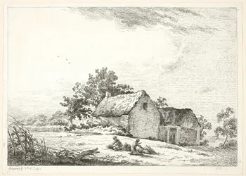 Scène de ferme avec des garçons ramassant du bois
