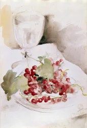 Nature morte aux raisins rouges et au verre
