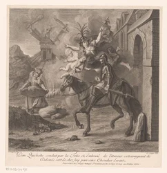 Don Quichotte quitte sa maison accompagné par la Folie pour devenir chevalier errant