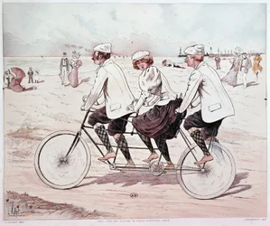 Tandem, trois personnes faisant du vélo sur la plage - dessin de L. Vallet