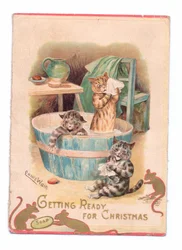 Une carte de Noël victorienne montrant deux chats dans une baignoire pendant que deux souris jouent avec un pain de savon, vers 1880