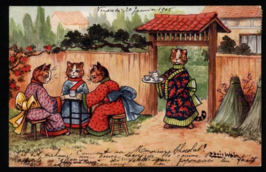 Animaux en posture humaine. Chat en kimono buvant du thé dans un jardin japonais. Carte postale. Chromolithographie de Louis Wain (1860-1939), artiste anglais connu pour sa représentation de chats aux grands yeux. Début du 20ème siècle. Collection privée