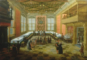 Figures élégantes se rassemblant dans une salle de banquet