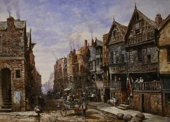 Chester : Watergate Street depuis le coin de Crook Street, avec Eastgate au-delà
