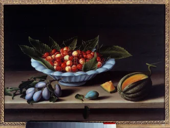 Coupe de cerises, prunes et melon. Peinture de Louise Moillon (1610-1696), 1633. Soleil. 0,48 x 0,65 m
