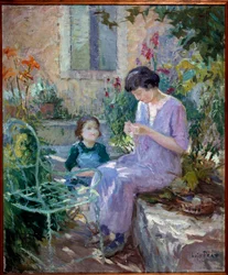 Madame Prat et sa fille dans le jardin Peinture de Joseph Loys Prat (1879-1934), 20e siècle. Maire de Donzère