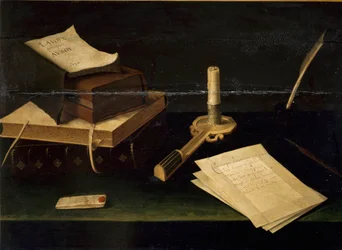 Nature morte de livres, plume, lettre et bougie