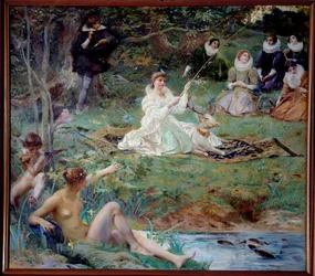 Marie F. des Ursins, duchesse de Montmorency et le poète Théophile de Viau à Chantilly au Pavillon de Sylvie Peinture de Luc Olivier Merson (1846-1920) 1895 Chantilly, Musée Condé