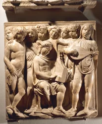 Laudate Eum in chordis et organo (Psaume 150, Laudate Dominum), panneau avec des garçons chantant avec orgue, harpe et luth