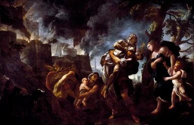 Énée fuyant Troie. Énée, portant Anchise, fuit la ville tombée aux mains des Achéens. 1675-1680. Gênes, Galleria Nazionale di Palazzo Spinola