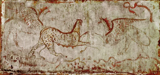 Combat entre une panthère et un griffon. Fresque lucanienne du IVe siècle av. J.-C., provenant de la tombe du Cavalier, nécropole de Paestum, Italie. Museo Nazionale Archeologico, Paestum