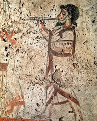 Un musicien jouant de la flûte. Fresque lucanienne du IVe siècle av. J.-C., provenant de la nécropole de Paestum, Italie. Museo Nazionale Archeologico, Paestum