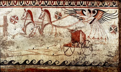 Une Victoire conduite sur un bige. Fresque lucanienne du IVe siècle av. J.-C., provenant de la nécropole de Paestum, Italie. Museo Nazionale Archeologico, Paestum