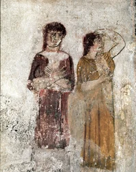 Portrait de deux femmes. Fresque lucanienne du IVe siècle av. J.-C., provenant de la Tombe du Cavalier, site de Paestum, Italie. Museo Nazionale Archeologico, Paestum