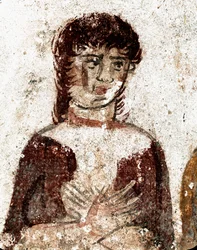 Portrait de femme. Fresque lucanienne du IVe siècle av. J.-C., provenant de la Tombe du Cavalier, site de Paestum, Italie. Museo Archeologico Nazionale, Paestum