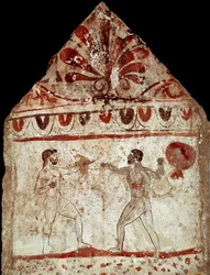 Deux athlètes pratiquant le pugilat (boxe). Fresque lucanienne du IVe siècle av. J.-C., provenant de la nécropole de Paestum, Italie. Museo Archeologico Nazionale, Paestum