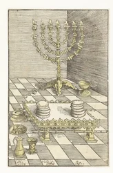 Chandelier à sept branches et table avec le pain de proposition