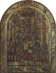 Retable de Pfirtscher : Le Christ, homme de douleur, assis sur un sarcophage entre la Vierge et saint Jean [panneau central].