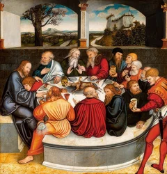 Autel de la Réforme, panneau central du recto : Martin Luther parmi les apôtres lors de la Cène. 1546/47