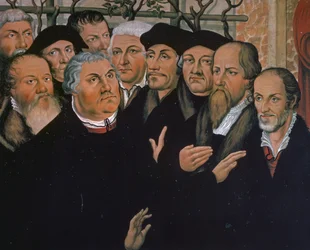 Martin Luther avec des représentants de la Réforme protestante, à droite Melanchthon, au centre Érasme de Rotterdam, (détail)