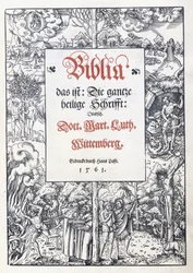 Page de titre, avec une belle bordure picturale de "Biblia, das ist: Die gantze heilige Schrifft: Deudsch", traduit par Martin Luther, 1560-1561