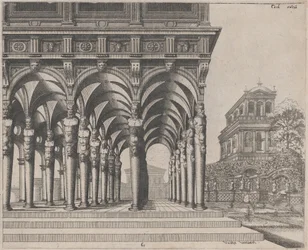 Loggia avec termes de satyre et un jardin