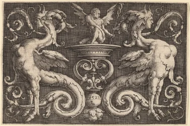 Ornement avec deux sphinx et un homme ailé