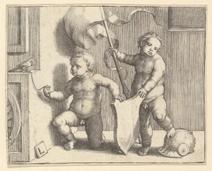 Deux Enfants Nus Soutenant un Écu Vide