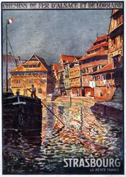 Vue de Strasbourg avec le canal de la Petite France (Rhin) - Affiche publicitaire des Chemins de fer d