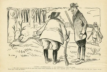 Illustration dans Le Rire, 05/12/08 - Chasse à Rambouillet - Nature Végétation, Chasse chasseur, Président de la République, Rambouillet - Clemenceau Georges, Fallières Armand (1841-1931), Cerf