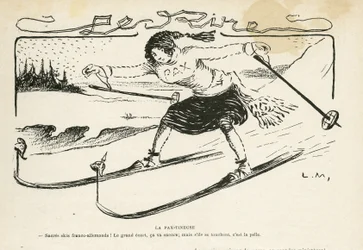 Illustration dans Le Rire, 24/02/12 - La pax-tineuse - Allemagne Prusse, Sport, Paix, Ski, Neige, Relations franco-allemandes, Première Guerre mondiale - Marianne - Sport, Allégorie (gravure)