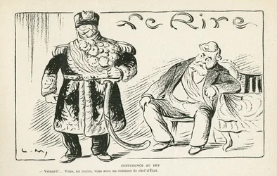 Illustration dans Le Rire, 27/07/12 - Confidence au bey - Colonisation - Fallières Armand, Naceur Bey