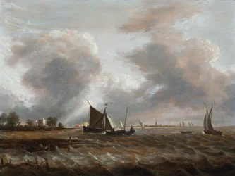 Navigation dans un estuaire agité (huile sur panneau)
