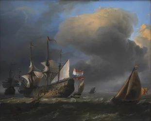 Paysage marin avec des navires de guerre néerlandais et des bateaux de pêche