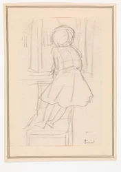 Petite fille debout sur une chaise regardant par une fenêtre
