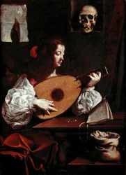 Le joueur de luth. Près de la partition, deux bagues sont posées, une épingle et un crâne (vanité) est posé sur un support. Peinture de Luigi Miradori dit Il Genovesino (1600/10-1655/57) XVIIe siècle. Galleria di Palazzo Rosso, Gênes, Italie