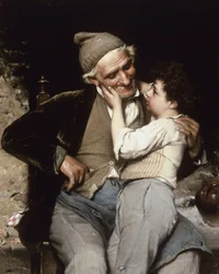 Il Nipotino Preterito (Le parfait petit fils ou petit-fils). Un enfant touche le visage de son grand pere (grand-pere) qui lui sourit et le regarde tendrement. Peinture de Luigi Bechi (1830-1919). Huile sur toile. Collection privee.