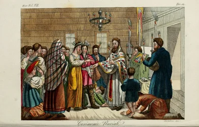 Les fiançailles. Illustration de Il costume antico e moderno o storia del governo… par Giulio Ferrario, 1831