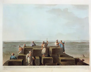 Égypte, Sommet de la première pyramide de Gizeh, gravure de "Vues" de Luigi Mayer