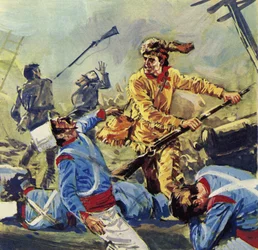 Davy Crockett finit par succomber aux attaques incessantes des Mexicains (lithographie couleur)