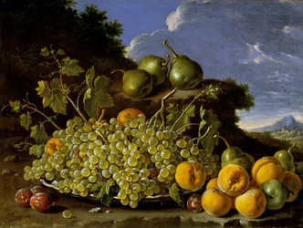 Nature morte avec assiette de raisins, pêches, poires et prunes dans un paysage
